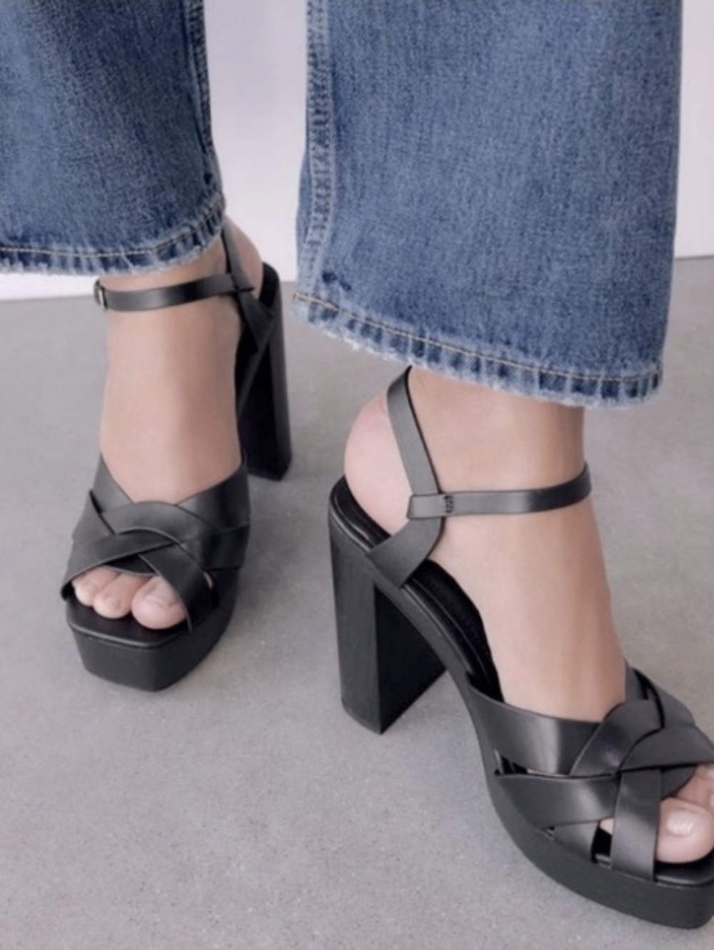 Zara Black Platform Woven Chunky Ankle-Strap Heels